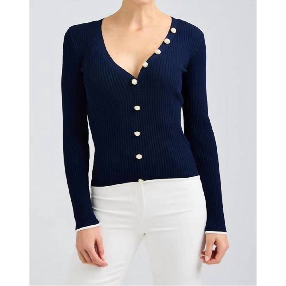GENERATION LOVE Renata Navy Ribbed V-Neck Button Cardigan NWT